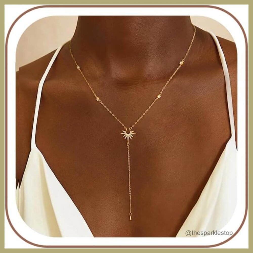 14k Gold Plated Lariat Y-Necklace Dainty Layered Chain
